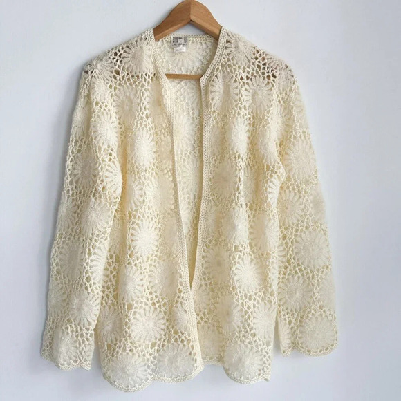 Vintage Crochet Mohair Blend Cream Ivory Cardigan M - Picture 2 of 7